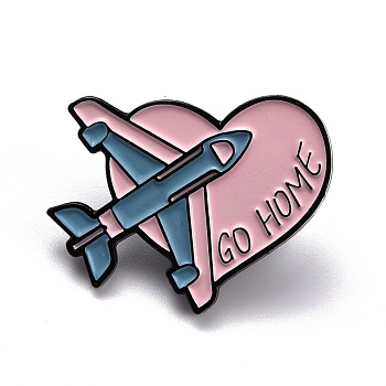 Go Home Word Enamel Pin, Heart with Plane Alloy Enamel Brooch for Backpack Clothes, Electrophoresis Black, Pink, 25.5x30x10.5mm, Pin: 1mm.