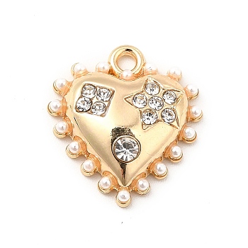 Alloy Crystal Rhinestone Pendants, with ABS Plastic Imitation Pearl Beads, Heart Charms, Golden, 17x15.5~16x4.5mm, Hole: 1.6mm