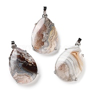 Natural Mexican Agate Pendants, Brass Teardrop Charms, Platinum, Cadmium Free & Lead Free, 28.5x18x5~6mm, Hole: 5x4mm(G-U002-01P-F)