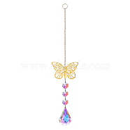 Glass Pendant Decorations, Suncatchers, with Brass Findings & Octagon Glass Beads, for Home Decorations, Butterfly Pattern, 300mm(DJEW-PW0008-15A)