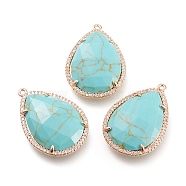 Synthetic Turquoise Pendants, with Brass Micro Pave Clear Cubic Zirconia Claw Settings, Faceted, Teardrop, Golden, 30x21x6mm, Hole: 1.2mm(G-L514-045G)