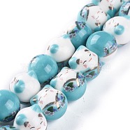 Handmade Printed Porcelain Beads, Lucky Cat with Flower Pattern, Cyan, 15mm, Hole: 2.3mm, about 25pcs/Strand, 13.58''(34.5cm)(PORC-M003-08G)