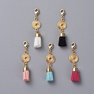 Suede Cord Tassel Pendants, with Brass Lobster Claw Clasp and Golden Plated Copper Wire, Mixed Color, 47mm(PALLOY-JF00416-M)