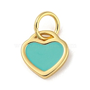 Rack Plating Brass Charms, with Jump Ring and Enamel, Cadmium Free & Lead Free, Long-Lasting Plated, Heart Charm, Real 18K Gold Plated, Medium Turquoise, 10x9.5x1mm, Hole: 4.4mm(KK-A200-03G-03)