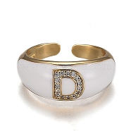 Brass Micro Pave Clear Cubic Zirconia Cuff Rings, Open Rings, with Enamel, Cadmium Free & Lead Free, Golden, Letter.D, US Size 7 1/4, Inner Diameter: 17.6mm(RJEW-H538-03G-D)
