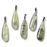 Natural Prehnite Pendants, Teardrop Charms with Rack Plating Platinum Tone Brass Snap on Bails, 34~34.5x10~10.5x6~6.5mm, Hole: 6.5x3mm(G-Q192-07P-01)