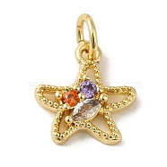 Brass Micro Pave Colorful Cubic Zirconia Pendants, Real 18K Gold Plated, Star, 12x11x1.5mm, Hole: 3.2mm(KK-R162-022B-G)