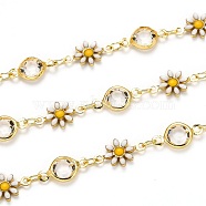 3.28 Feet Handmade Brass Link Chains, with Clear Glass Rhinestone and Enamel, Long-Lasting Plated, Soldered, Daisy, Golden, Links: 12.8x7.5x2.1mm and 12.6x6.7x2.9mm(X-CHC-L039-27G)