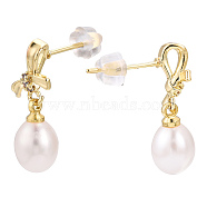 Natural Pearl & Cubic Zirconia Bowknot Dangle Stud Earrings, Brass Earrings with 925 Sterling Silver Pins, Cadmium Free & Nickel Free & Lead Free, Real 18K Gold Plated, 20x7.5mm, Pin: 0.8mm(PEAR-N017-06D)