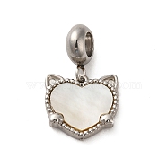 304 Stainless Steel European Dangle Charms, Large Hole Pendants with Heart Shaped White Shell, Cat Head, Stainless Steel Color, 22mm, Pendant: 13.5x14x3mm, Hole: 4.5mm(X-STAS-G308-32P)