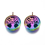 Rack Plating Alloy Locket Pendants, Diffuser Locket, with Magnetic, Cadmium Free & Nickel Free & Lead Free, Flat Round with Tree, Rainbow Color, 36x30x11mm, Hole: 4mm, Inner Diameter: 22mm(PALLOY-S119-097)