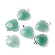 Natural Green Aventurine Pendants, with Platinum Tone Brass Findings, Heart, 27~28x24.5~26x6~8.5mm, Hole: 2.4x5.6mm(X-G-G956-B37-FF)