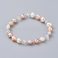 Stretch Bracelets, with Natural Cultured Freshwater Pearl Beads, Glass Beads and Brass Round Spacer Beads, Korean Elastic Crystal Thread, Seashell Color, 2-1/8 inch(5.5cm)(BJEW-JB04928-02)