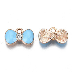 Alloy Enamel Charms, Cadmium Free & Lead Free, with Crystal Rhinestone, Bowknot, Light Gold, Light Sky Blue, 9x15x3.5mm, Hole: 1.5mm(ENAM-S115-039B)