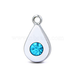 Platinum Plated Alloy Glass Rhinestone Charms, DIY Accessories for Jewelry Pendant Making, Birthstone Color Style Rhinestone, Teardrop, Cyan, 14x8mm(PALLOY-TAC0015-01C)