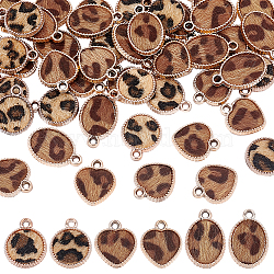 48Pcs 3 Style CCB Plastic Pendants, with Faux Horsehair Fabric, with Leopard Print, Heart & Flat Round & Oval, Light Gold, 20.5~25x16.5~17.5x4mm, Hole: 2.5mm, 16pcs/style(FIND-OC0002-19)