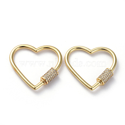 Brass Micro Pave Cubic Zirconia Screw Carabiner Lock Charms, for Necklaces Making, Long-Lasting Plated, Heart, Clear, Real 18K Gold Plated, 29.5x31x2.1mm(X-ZIRC-G160-16G)