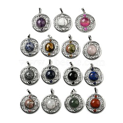 Natural & Synthetic Mixed Gemstone Pendants, Rack Plating Brass Hollow Flat Round Charms, Cadmium Free & Lead Free, Platinum, Mixed Dyed and Undyed, 36.5x33x9.5mm, Hole: 7.5x5mm(G-Q158-03)