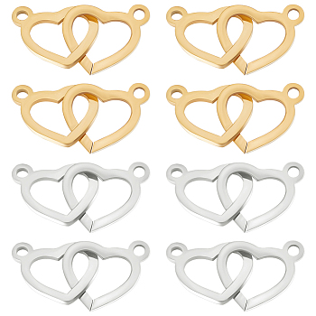 12Pcs 2 Colors 304 Stainless Steel Connector Charms, Double Heart Links, Golden & Stainless Steel Color, 12x20x1mm, Hole: 1.6mm, 6pcs/color