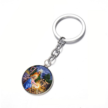 Alloy Keychain, with Glass, Flat Round with Human, Platinum, 80x25mm