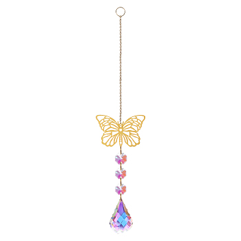 Glass Pendant Decorations, Suncatchers, with Brass Findings & Octagon Glass Beads, for Home Decorations, Butterfly Pattern, 300mm