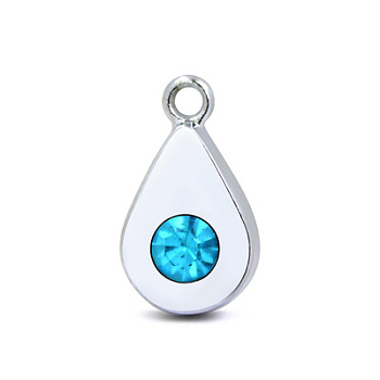 Platinum Plated Alloy Glass Rhinestone Charms, DIY Accessories for Jewelry Pendant Making, Birthstone Color Style Rhinestone, Teardrop, Cyan, 14x8mm