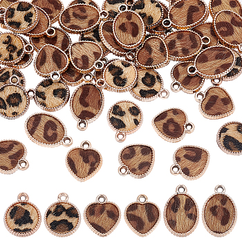 48Pcs 3 Style CCB Plastic Pendants, with Faux Horsehair Fabric, with Leopard Print, Heart & Flat Round & Oval, Light Gold, 20.5~25x16.5~17.5x4mm, Hole: 2.5mm, 16pcs/style