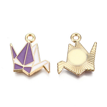 Alloy Pendants, with Enamel, Paper Crane, Light Gold, Medium Purple, 17x17x2mm, Hole: 2mm