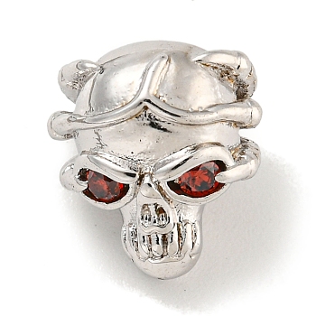 Brass Micro Pave Red Cubic Zirconia Beads, Skull, Platinum, 11.5x10x9mm, Hole: 2.6mm