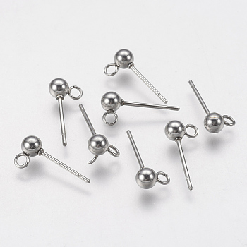 Non-Tarnish 202 Stainless Steel Ball Stud Earring Findings, with 304 Stainless Steel Pins and Loop, Round, Stainless Steel Color, 15mm, Hole: 1.7mm, Pin: 0.7mm