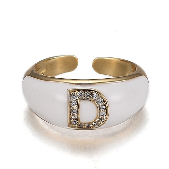 Brass Micro Pave Clear Cubic Zirconia Cuff Rings, Open Rings, with Enamel, Cadmium Free & Lead Free, Golden, Letter.D, US Size 7 1/4, Inner Diameter: 17.6mm