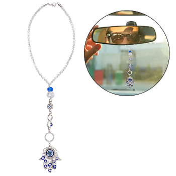 Hamsa Hand/Hand of Miriam with Evil Eye Pendant Decoration, with Glass Beaded Chain and Alloy Lobster Clasps, for Car Hanging Ornament, Platinum, 310mm