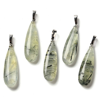 Natural Prehnite Pendants, Teardrop Charms with Rack Plating Platinum Tone Brass Snap on Bails, 34~34.5x10~10.5x6~6.5mm, Hole: 6.5x3mm