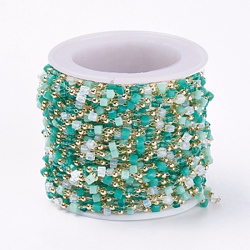 Handmade Glass Beaded Chains, Soldered, with Brass Findings, with Spool, Long-Lasting Plated, Golden, Cube, Dark Cyan, 2.3~2.8x2.3~2.8x2.3~2.8mm, 2mm, about 32.8 Feet(10m)/roll