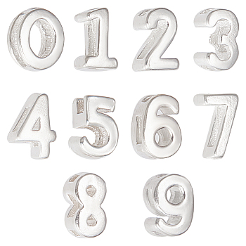 Elite 10Pcs 10 Style Hollow Sterling Silver Slider Charms, Num.0~10, Silver, 5~6x3~4.5x3mm, Hole: 1.2~4mm,  1pc/style