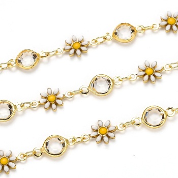 3.28 Feet Handmade Brass Link Chains, with Clear Glass Rhinestone and Enamel, Long-Lasting Plated, Soldered, Daisy, Golden, Links: 12.8x7.5x2.1mm and 12.6x6.7x2.9mm