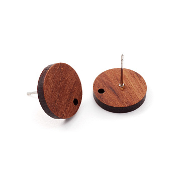 Coconut Brown Wood Stud Earring Findings, with Alloy Earring Pin, Flat Round, Platinum, 15.5x2.5mm, Hole: 1.5mm, Pin: 0.6mm