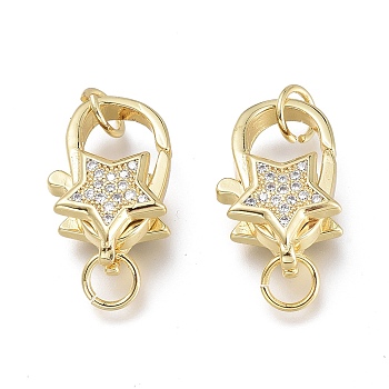 Brass Micro Pave Clear Cubic Zirconia Lobster Claw Clasps, with Jump Rings, Long-Lasting Plated, Star, Real 18K Gold Plated, 16.5x10x5.5mm, Hole: 3.5mm