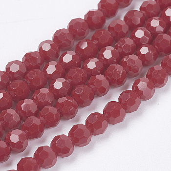 Opaque Glass Beads Strands, Imitation Jade Glass, Faceted(32 Facets), Round, Crimson, 3.5~4.5mm, Hole: 0.5mm, about 100pcs/strand, 13.9~15.7 inch(35.5~40cm)