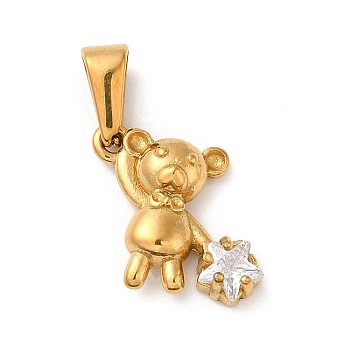 Vacuum Plating 304 Stainless Steel Pendants, with Rhinestone, Long-Lasting Plated, Bear with Star Charm, Golden, 14x16.5x4.5mm, Hole: 6.5x2.5mm
