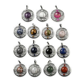 Natural & Synthetic Mixed Gemstone Pendants, Rack Plating Brass Hollow Flat Round Charms, Cadmium Free & Lead Free, Platinum, Mixed Dyed and Undyed, 36.5x33x9.5mm, Hole: 7.5x5mm