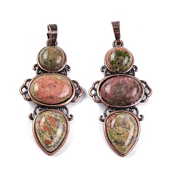 Natural Unakite Pendants, Rack Plating Brass Flower Charms, Cadmium Free & Lead Free, Red Copper, 47x24x6.5mm, Hole: 7.5x5mm