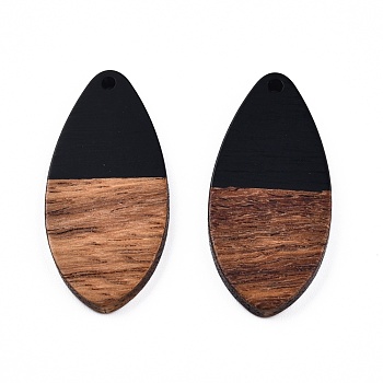 Opaque Resin & Walnut Wood Pendants, Teardrop Shape Charm, Black, 38x18x3mm, Hole: 2mm