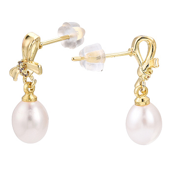 Natural Pearl & Cubic Zirconia Bowknot Dangle Stud Earrings, Brass Earrings with 925 Sterling Silver Pins, Cadmium Free & Nickel Free & Lead Free, Real 18K Gold Plated, 20x7.5mm, Pin: 0.8mm
