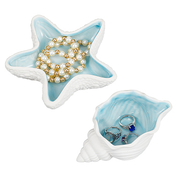 2Pcs 2 Style Ocean-themed Ceramic Jewelry Plate, Storage Tray for Rings, Necklaces, Earring, Starfish & Conch, 136~14x71~132x33~57mm, 1pc/style