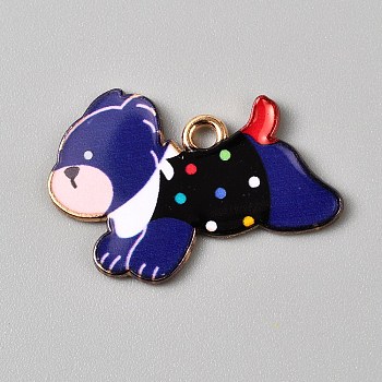Zinc Alloy Enamel Pendants, Dog Charm, Light Gold, Dark Blue, 17.5~18x25x1mm, Hole: 2mm