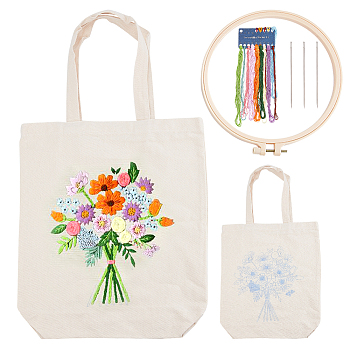 DIY Canvas Bag Flower Embroidery Kits, Include Polyester Threads, Iron Needles and Plastic Embroidery Frame, Bisque, Canvas Bag: 578x337x12mm