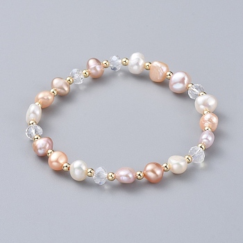 Stretch Bracelets, with Natural Cultured Freshwater Pearl Beads, Glass Beads and Brass Round Spacer Beads, Korean Elastic Crystal Thread, Seashell Color, 2-1/8 inch(5.5cm)