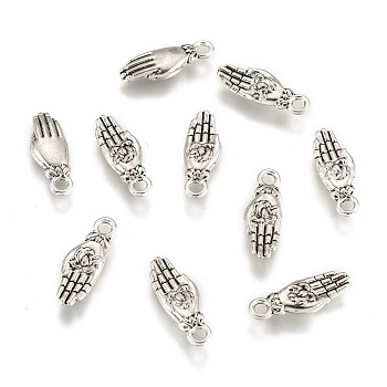 Tibetan Style Palm with Lotus Flower Alloy Pendants, Antique Silver, 18x7x2.4mm, Hole: 2mm