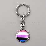 Glass Keychain, with Platinum Plated Iron Split Key Rings, Flat Round with Striped Pattern, Colorful, 8.5cm(KEYC-WH0024-18P-04)